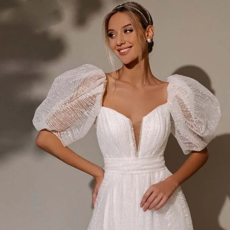 Sparkly Gilitter Puff Sleeves A Line Wedding Dresses Lace Up Back Bridal Gown Bow Tie Robe De Mariee