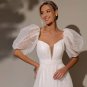 Sparkly Gilitter Puff Sleeves A Line Wedding Dresses Lace Up Back Bridal Gown Bow Tie Robe De Mariee