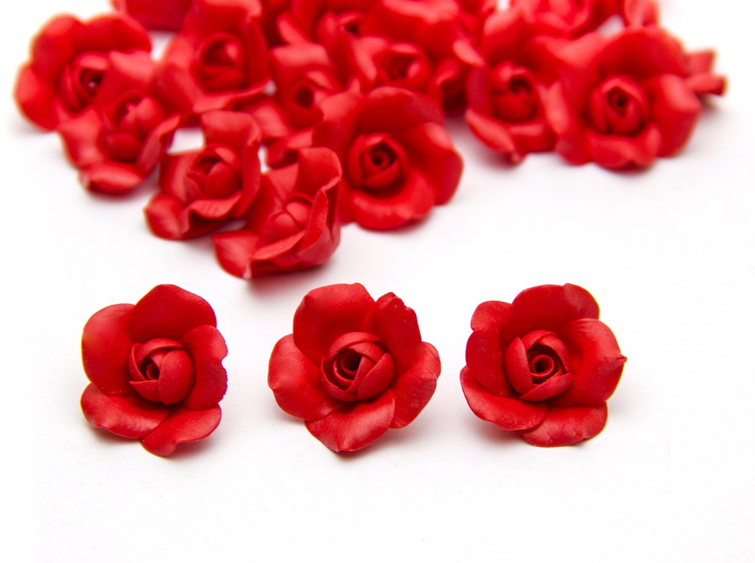 Red Roses Beads (5pcs), Red  Flower Beads, Handmade Floral Beads Polymer Clay
