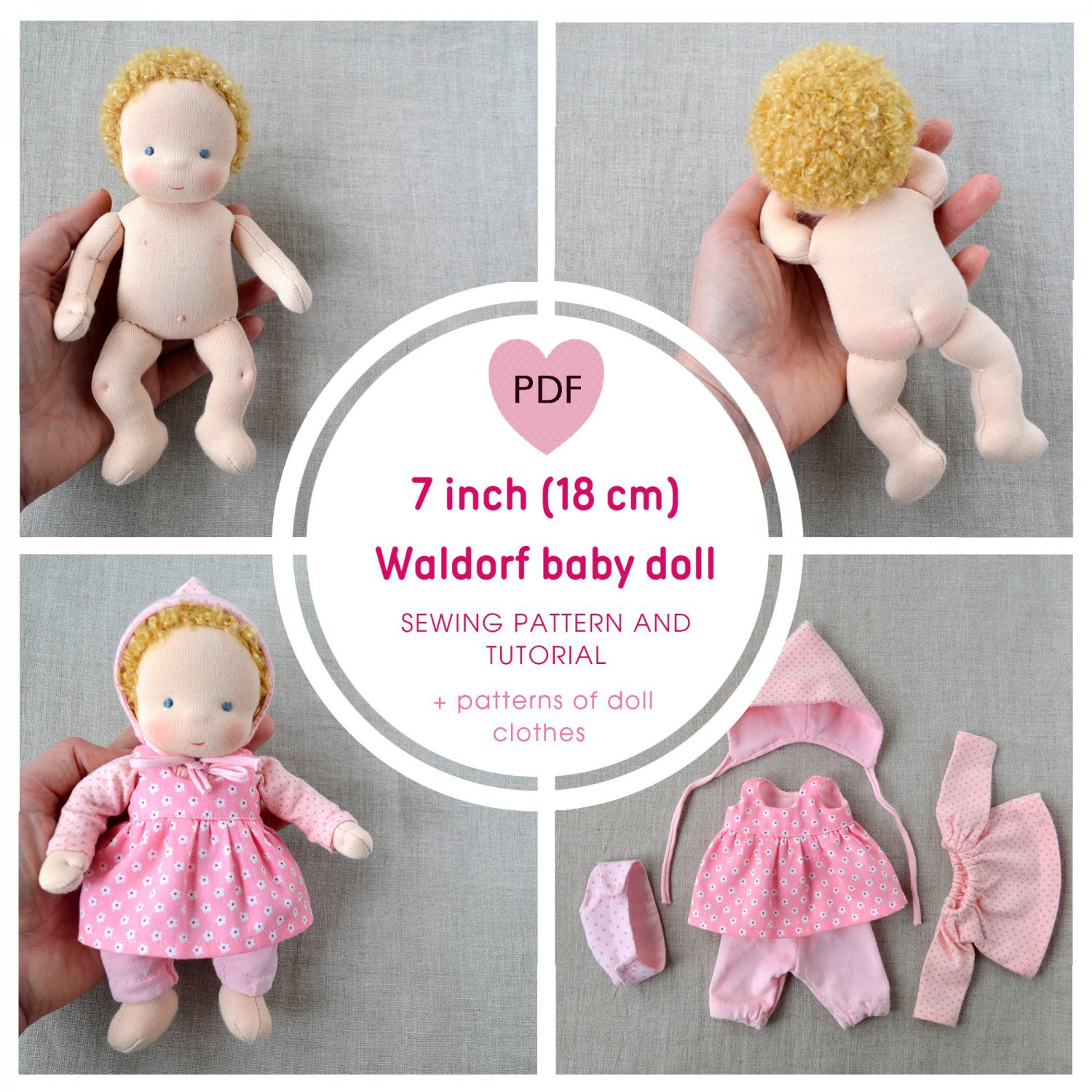 DIY Waldorf baby doll 7 inch (18 cm) tall. PDF sewing pattern and tutorial.