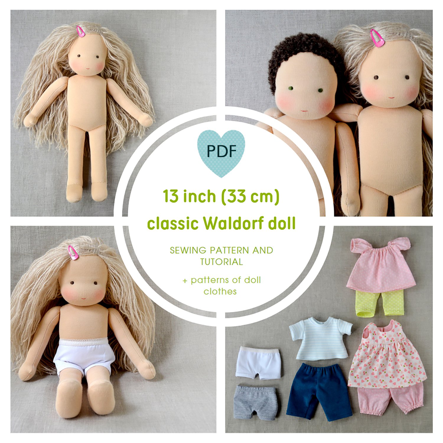 DIY classic Waldorf doll 13''/33cm tall. PDF pattern and tutorial. Patterns of doll clothes as bonus