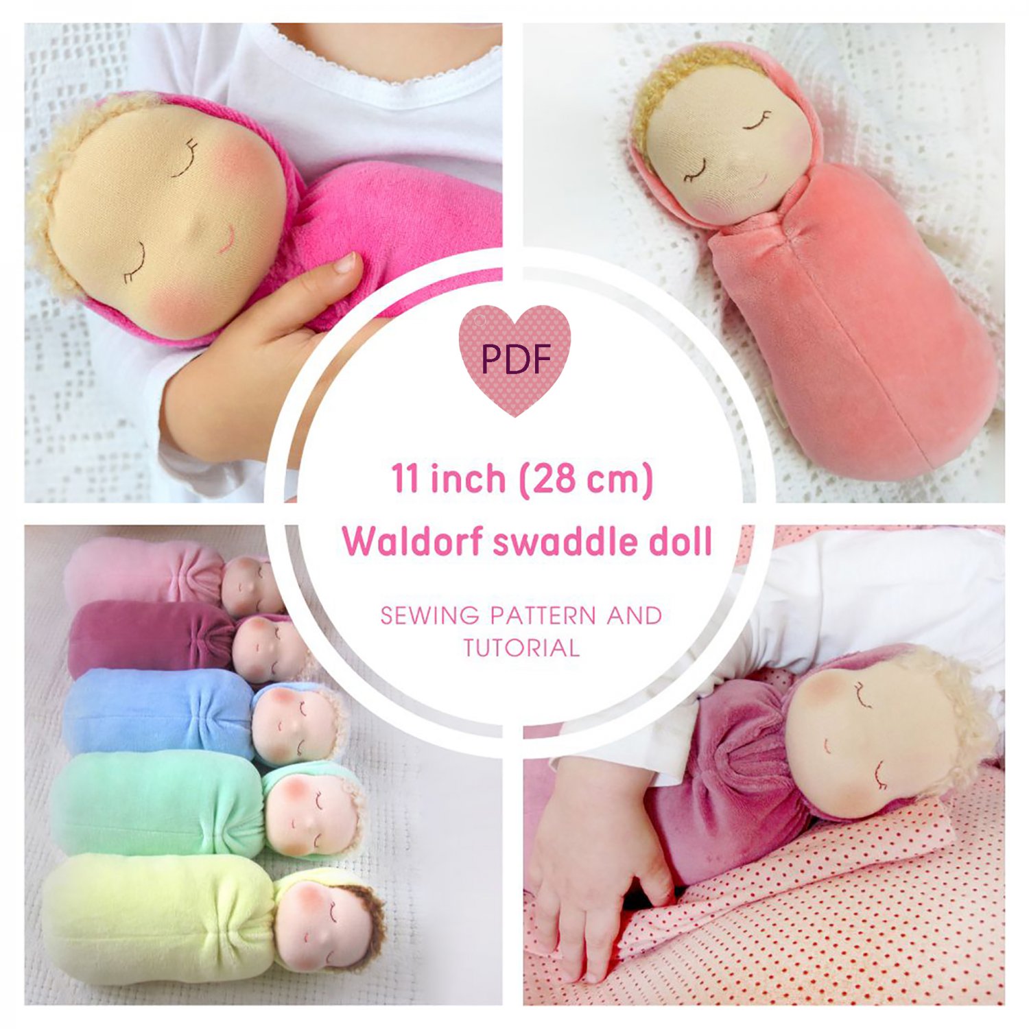DIY Waldorf swaddle sleeping doll 11 inch (27 cm) tall. PDF sewing pattern and tutorial.