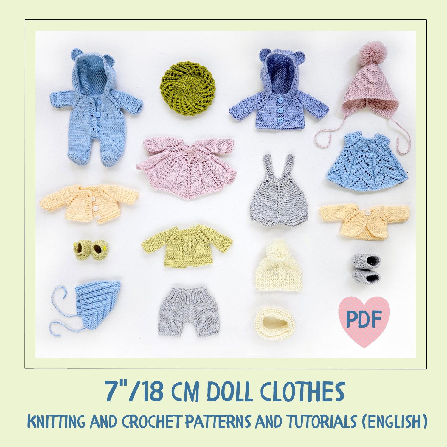 DIY Knitted clothes for a 7 inch (18 cm) Waldorf doll. Bundle of 16 PDF patterns and tutorials.