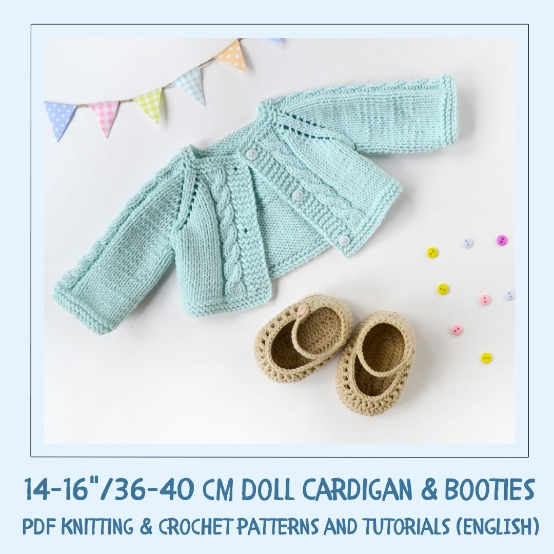 DIY 14-16"/36-40 cm Doll Cardigan & Booties. PDF knitting pattern and tutorial.