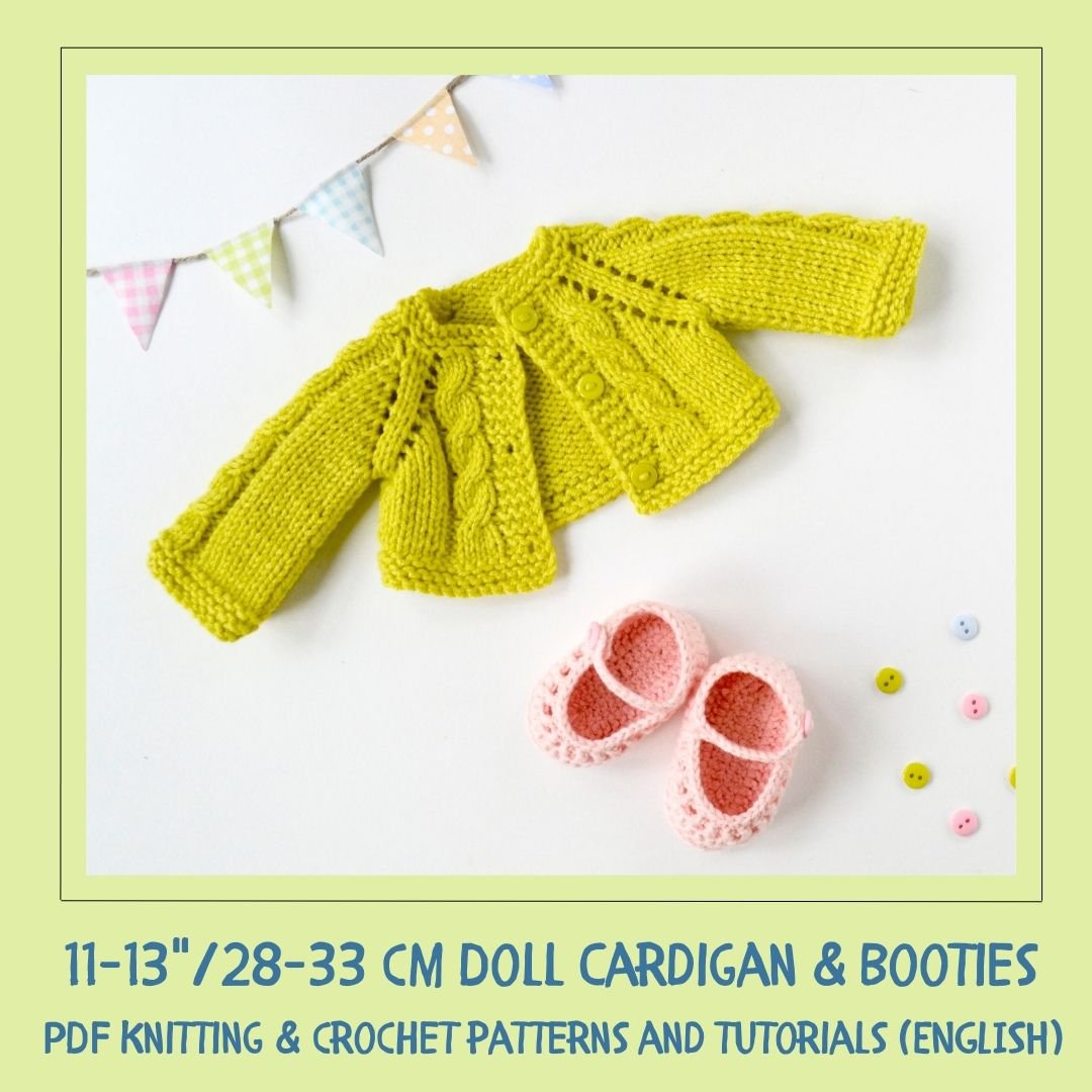 DIY 11-13&acirc;��&acirc;��/28-33 cm Doll Cardigan & Booties. PDF knitting pattern and tutorial.
