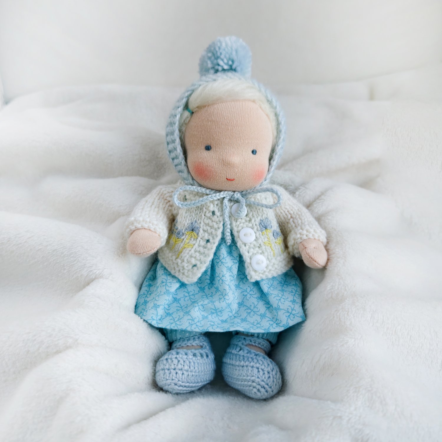 CUSTOM Waldorf doll mini baby 7 inch (18 cm) tall. Natural fiber personalized organic pocket doll