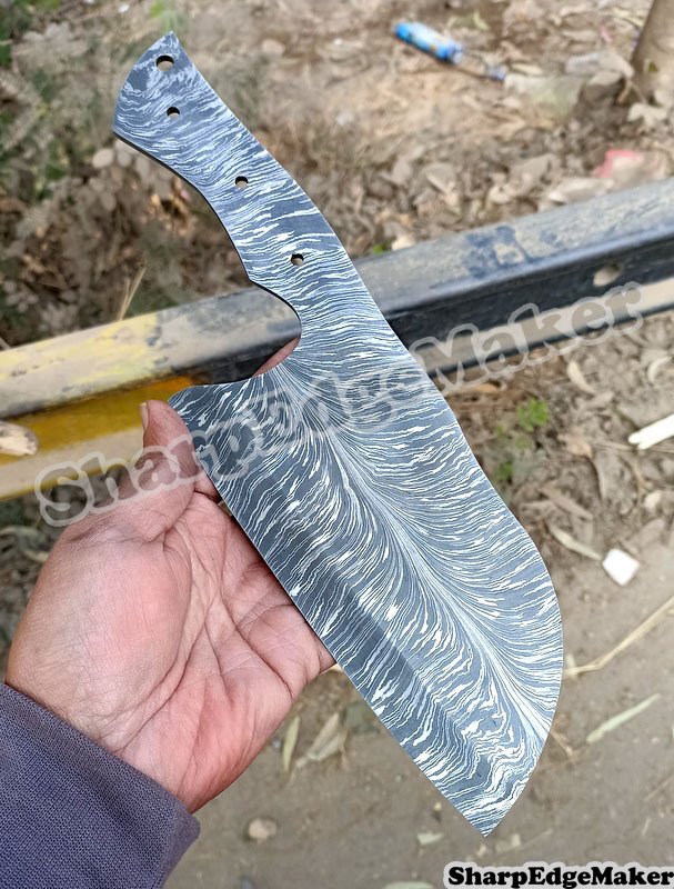 Damascus Steel Knife Custom Handmade - 12.00" inches Damascus Steel feather pattern cleaver