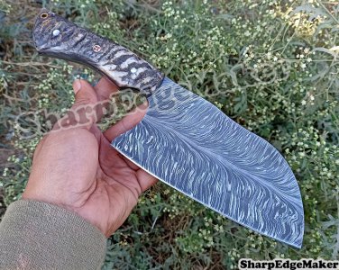 Damascus Steel Knife Custom Handmade - 12 inches feather pattern damascus steel cleaver