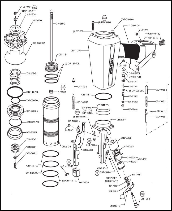 Duo-Fast CN350 CN350B SH Nailer O ring and Cylinder Seal Rebuild Kit