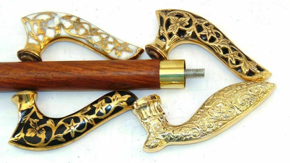 4 HANDLE WITH 1 STICK Handle Full Brass Walking Stick Vintage Cane STYLE GIFT