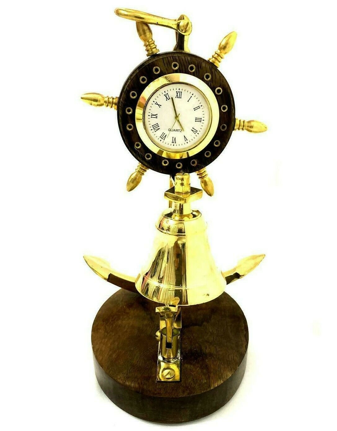 Nautical Maritime Shinny Brass Table Bell Calling Bell with Wheel Clock