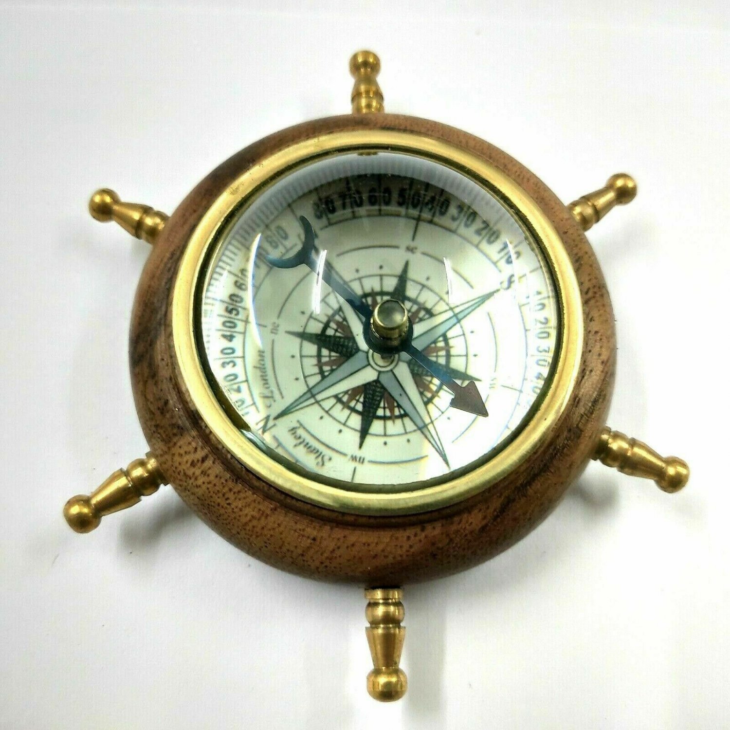 Antique Brass Wooden Wheel Compass Collectible Gift