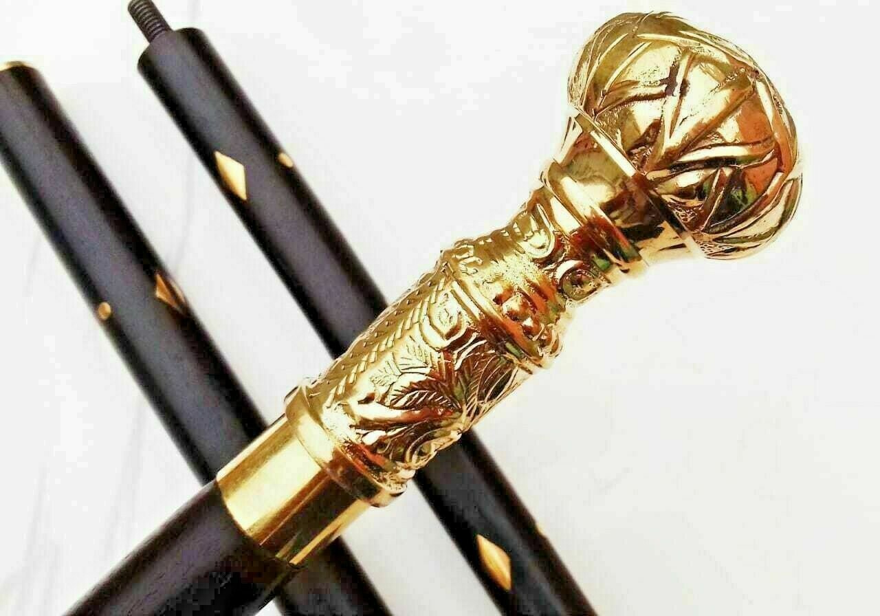 Vintage Handle Stick Long Head Brass Wooden Walking style gift