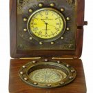 Antique Brass Nautical Wooden Desk Compass With Maritime Clock Gift Desk Pocket