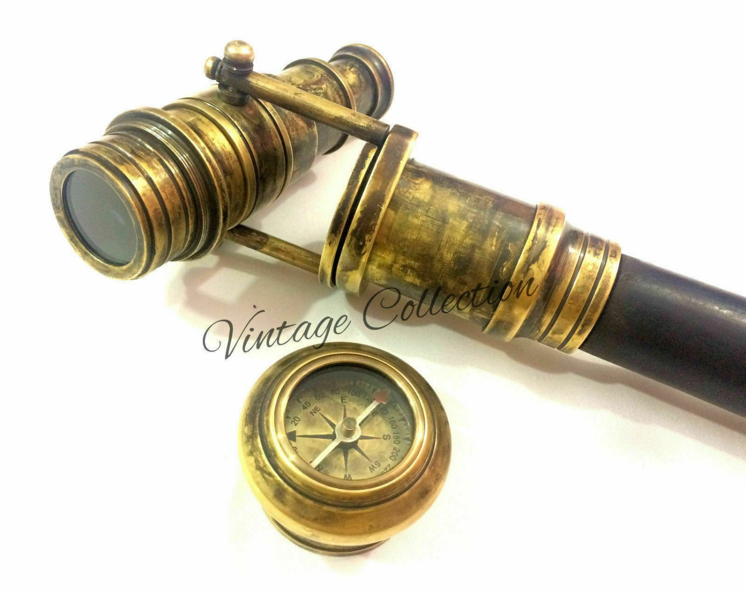 Antique Victorian Solid Brass Wooden Cane Spy Telescope & Compass Walking stick