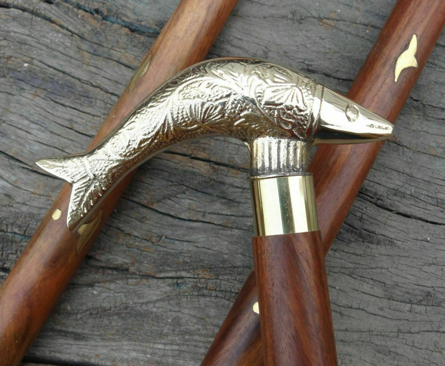 BRASS WALKING STICK FISH STYLE DESIGNER CANE HANDLE VINTAGE WOODEN STICK