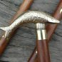 BRASS WALKING STICK FISH STYLE DESIGNER CANE HANDLE VINTAGE WOODEN STICK