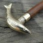 BRASS WALKING STICK FISH STYLE DESIGNER CANE HANDLE VINTAGE WOODEN STICK