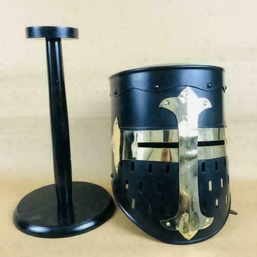 Black Design Medieval Knight Armor Crusader Viking Templar Helmet with stand