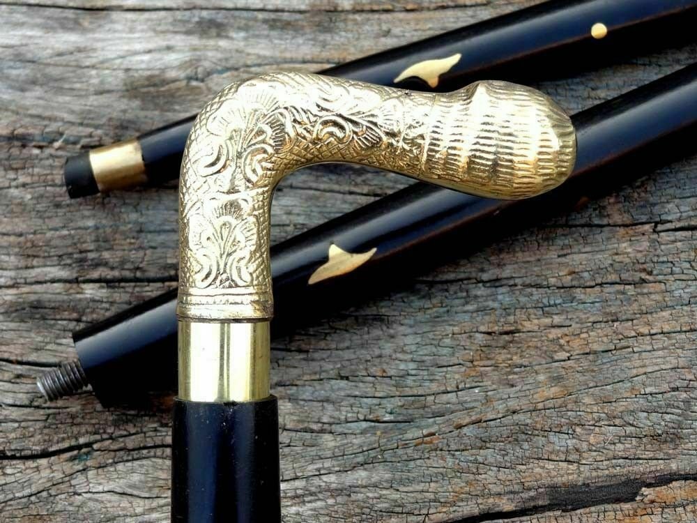 Victorian Brass Designer Handle Walking Cane Stick Vintage Wooden Canes