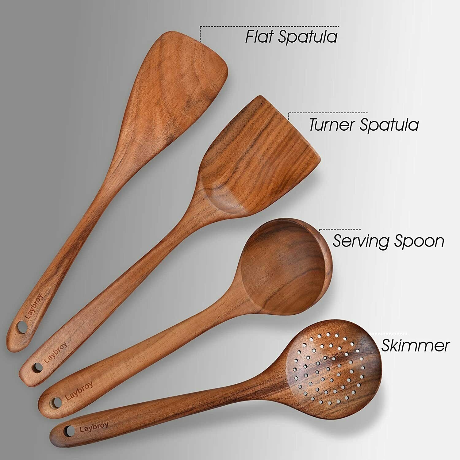 4 piece LAYBROY Wooden Spoon For Cooking, Non stick Wooden spoons, spatulas