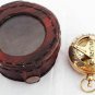 Antique Brass Push Button Sundial Pocket Compass With Leather Box