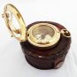 Antique Brass Push Button Sundial Pocket Compass With Leather Box