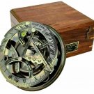 Antique vintage brass compass 4" nautical sundial with wooden box decor gift