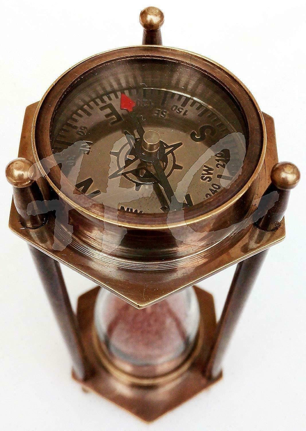 5 Inch SAND TIMER BRASS HOURGLASS WITH ANTIQUE MARITIME BRASS COMPASS
