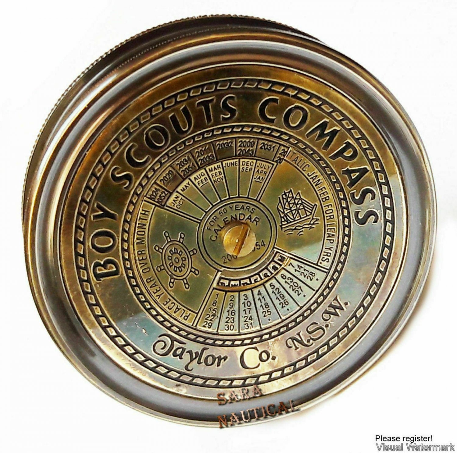 Brass antique compass Boy Scouts Compass With Fifty Years Calendar