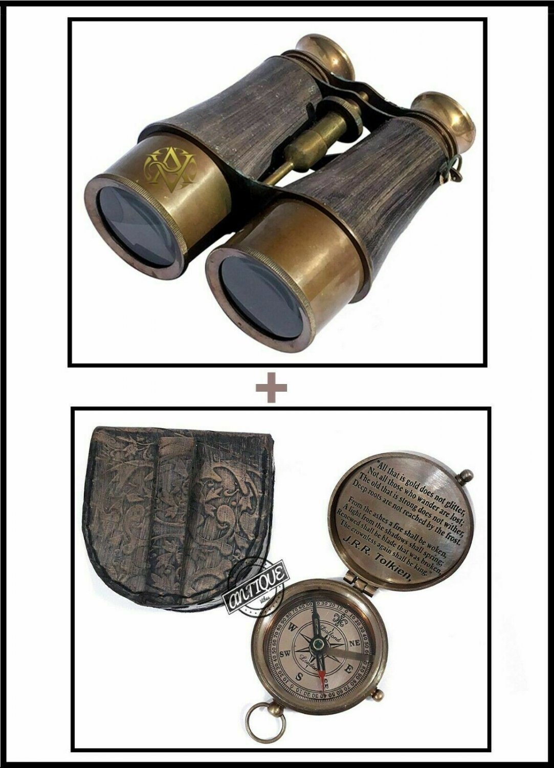 Pirate Gift Brass Binocular Shoulder Strap/Pocket Brass Compass w/Case