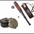 Pirate Nautical Vintage Telescope W/ Leather Case + Pocket Brass Compass W/ Case