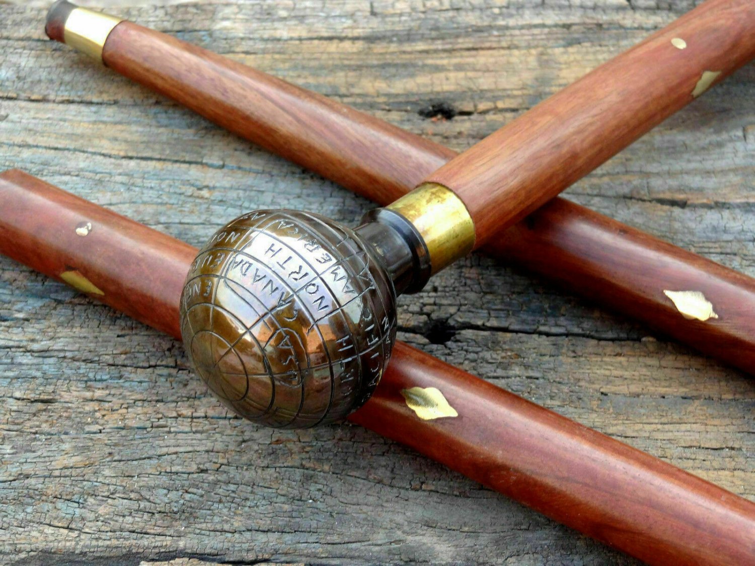 Victorian Brass Globe Handle Inlay Walking Cane Style Stick Best Gift