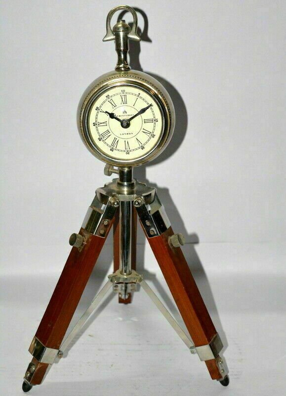 Antique vintage style brass clock handmade home decor with wooden tripod stand