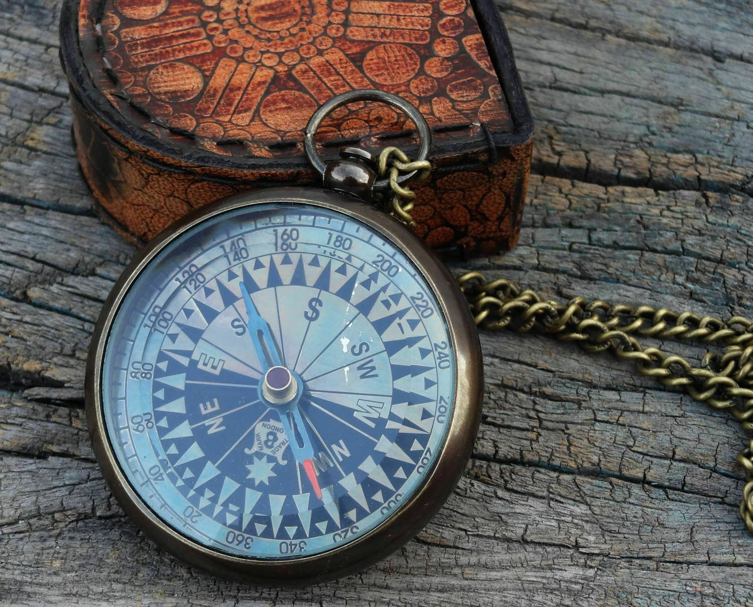 Brass Locket Compass Necklace Maritime Steampunk Antique Vintage leather case