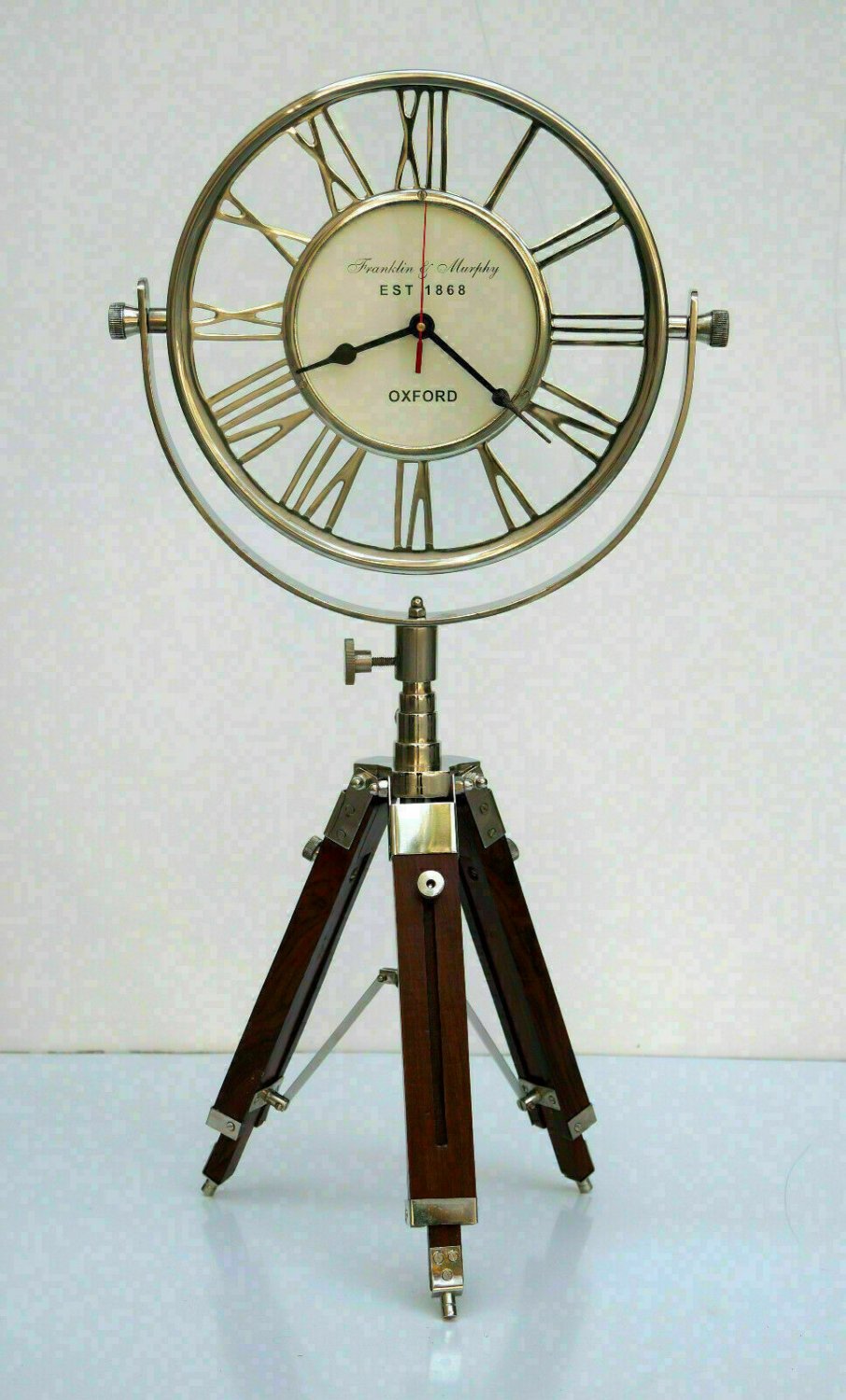 Nautical maritime vintage brass table desk clock with wooden tripod stand decor