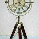 Nautical maritime vintage brass table desk clock with wooden tripod stand decor