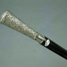Antique Solid Silver Brass Pillar Head Handle Wooden Walking Stick Vintage Cane