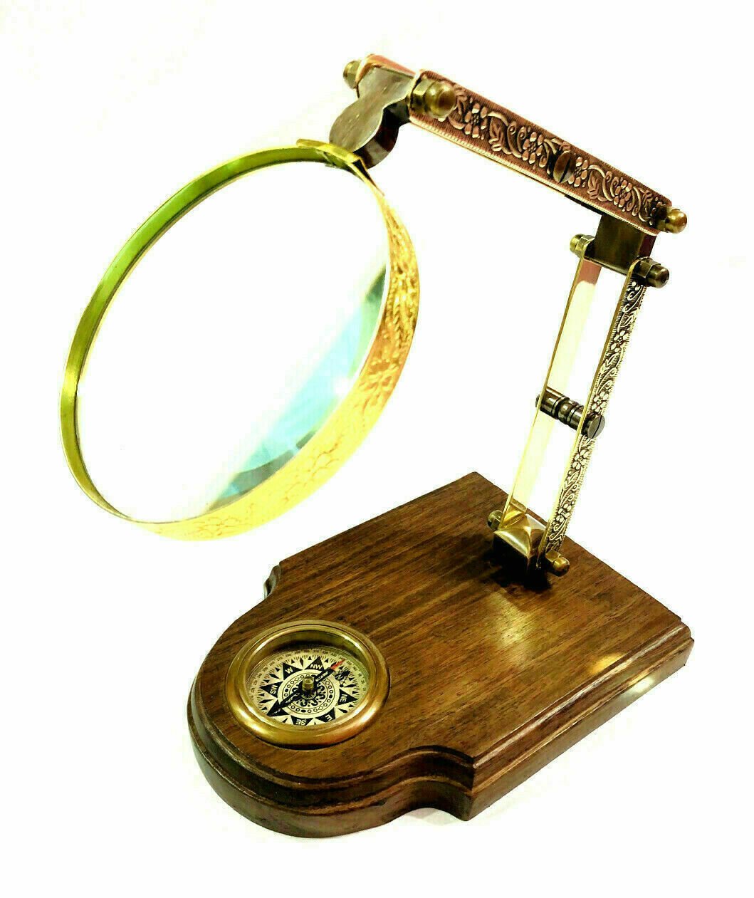 Nautical Adjustable Brass Magnifying Glass on Wooden Base with Compass Desk Item
