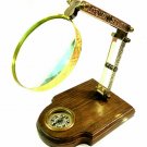 Nautical Adjustable Brass Magnifying Glass on Wooden Base with Compass Desk Item