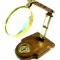 Nautical Adjustable Brass Magnifying Glass on Wooden Base with Compass Desk Item