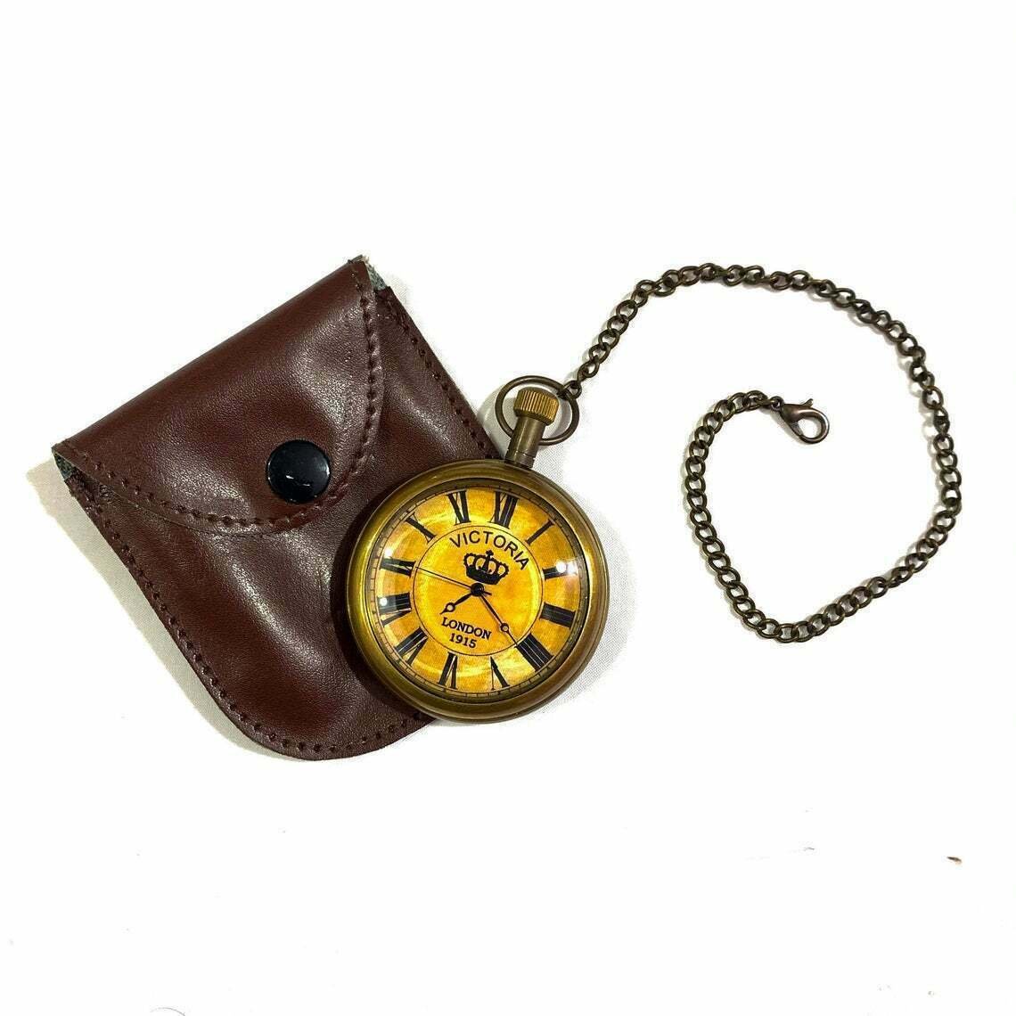 Nautical Antique Style Brass Pocket Watch with Chain Pendant Style Watch Gift