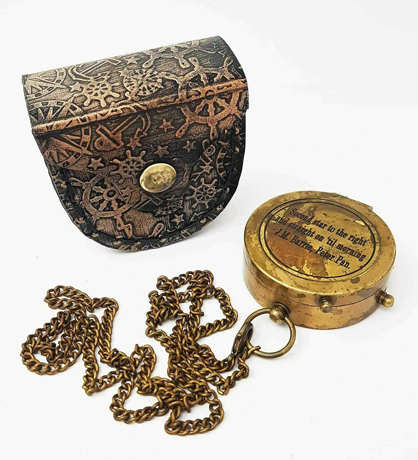 Engraved Brass Compass J. M. Barrie, Peter Pan Compass With Leather Case