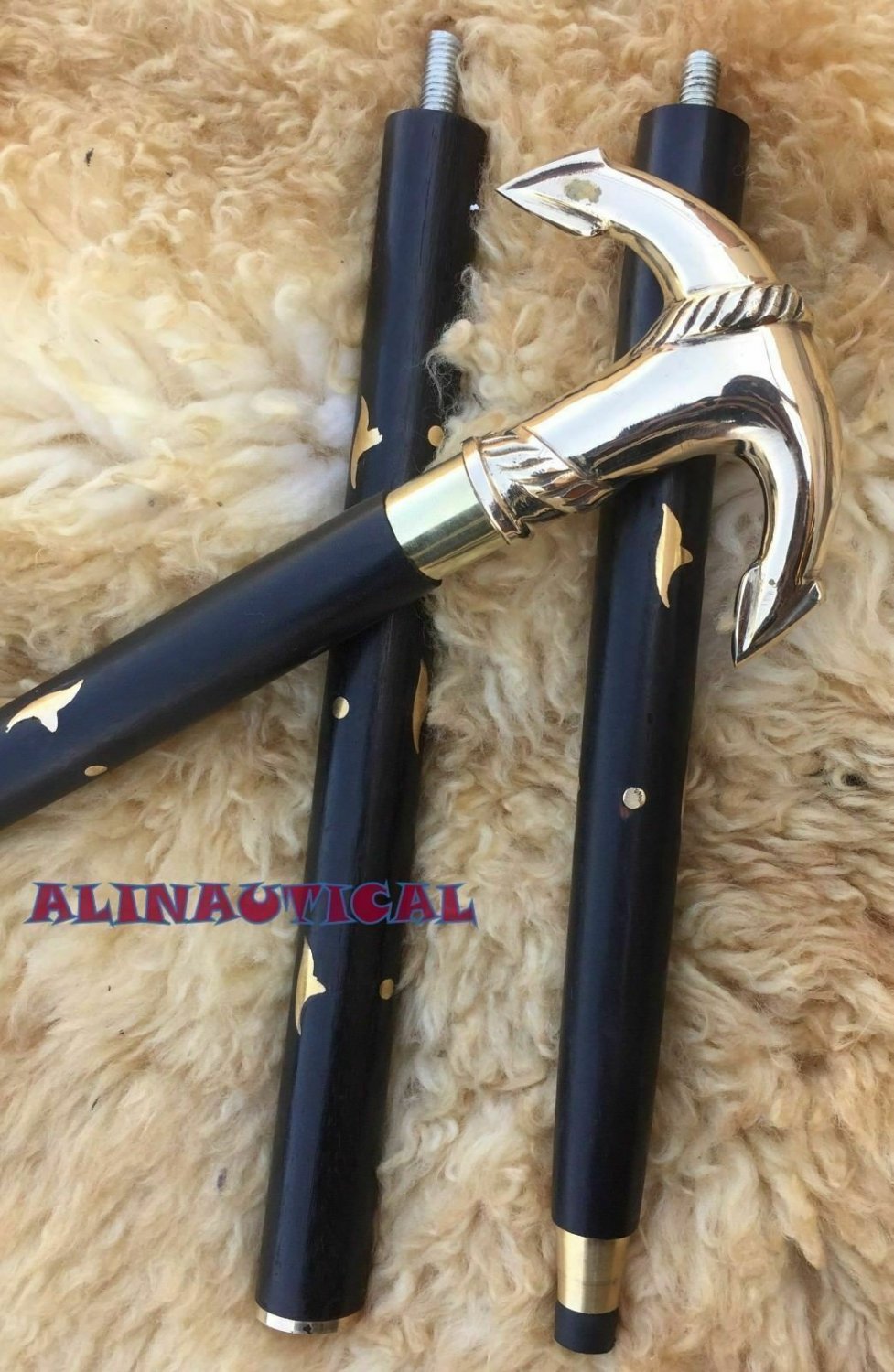 Vintage Solid Brass Ship Anchor Head Handle Wooden Shaft Walking Cane Stick Gift