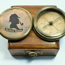 Vintage brass 2'' brass compass pocket compass sherlock compass with wood box