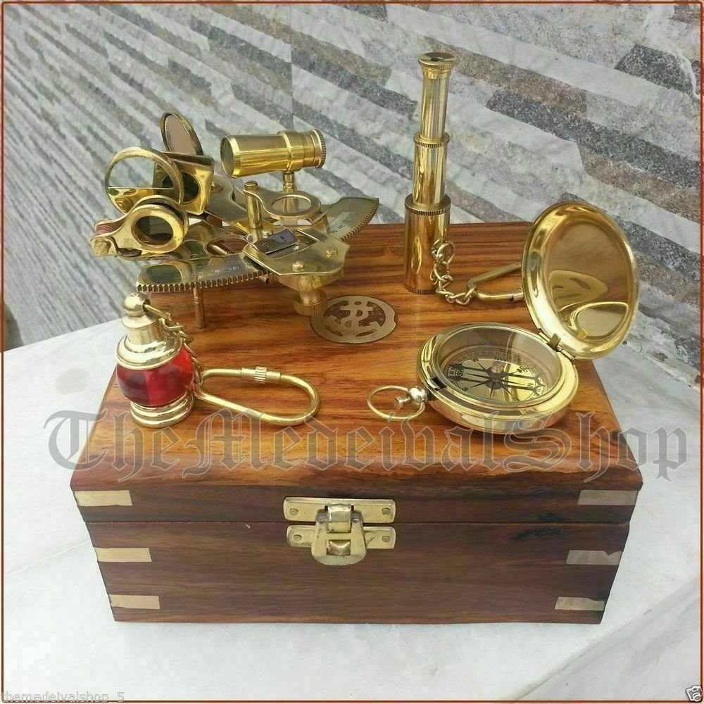 NAUTICAL BRASS GIFT SET VINTAGE MARITIME COMPASS/TELESCOPE/SEXTANT W/WOODEN BOX