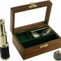 Antique brass pirates telescope compass & sand timer with handcrafted wooden box