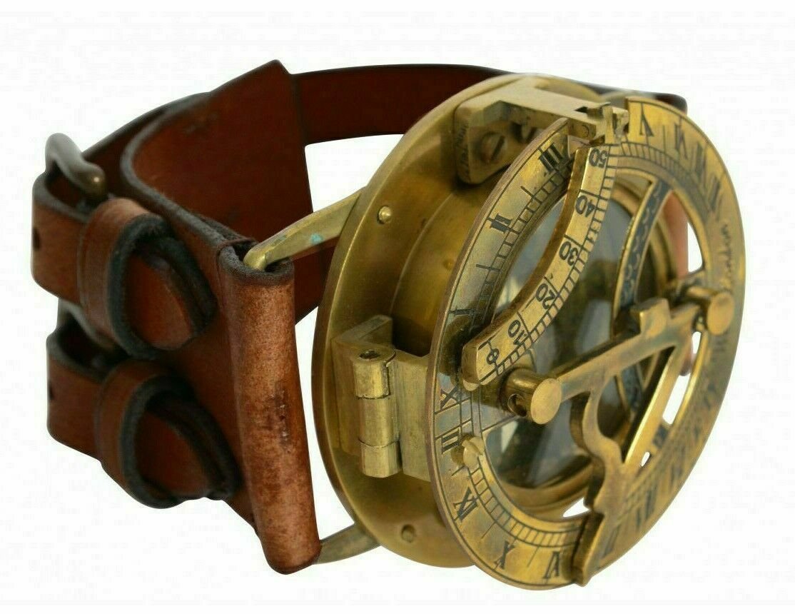 Antique Steampunk Wrist Brass Compass & Sundial Hand Watch Nautical Compass