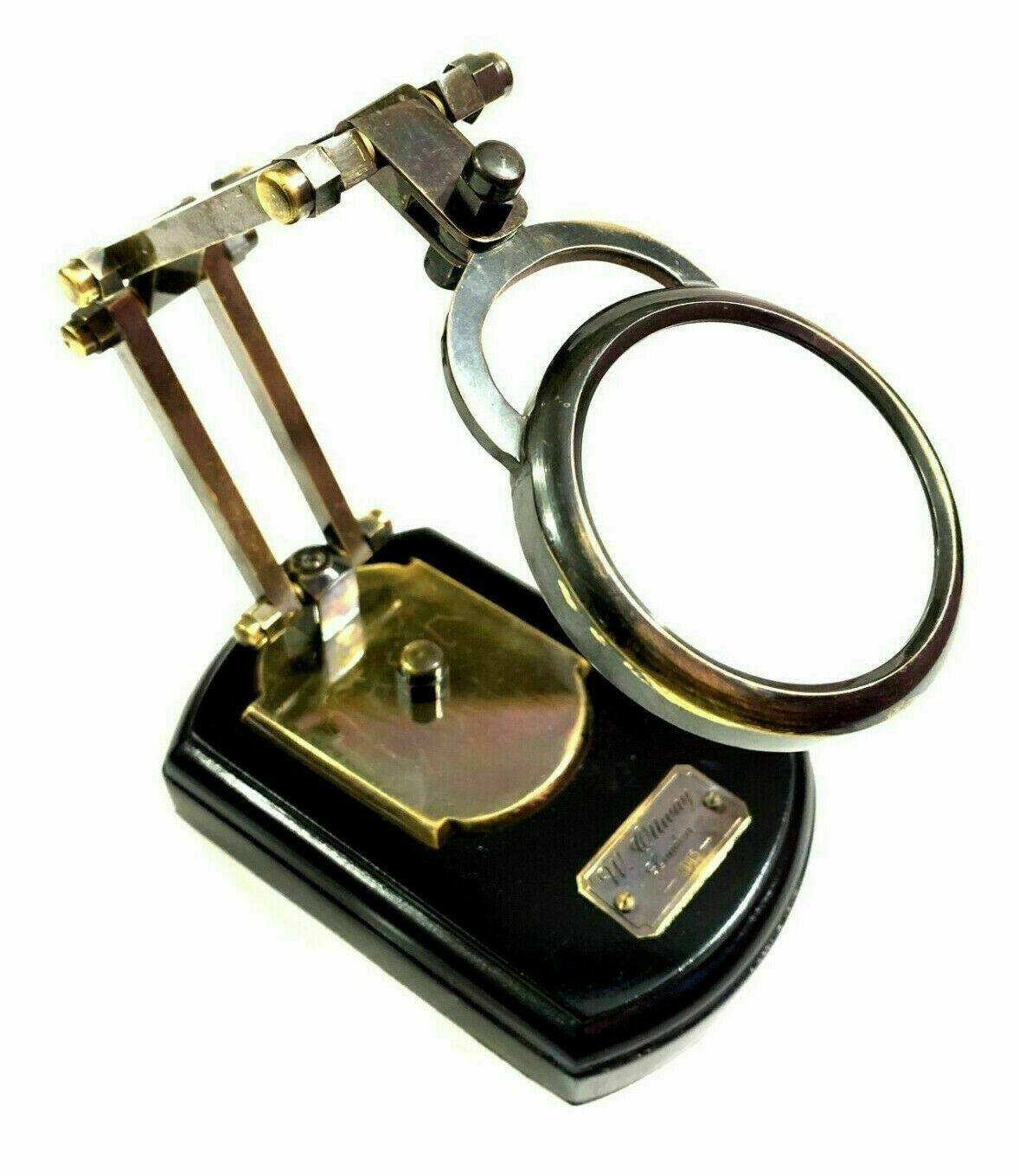 Nautical Brass Antique Adjustable Magnifying Glass Reading Lens on Wooden Base