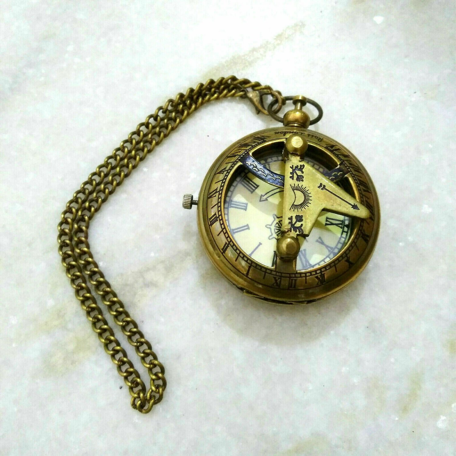 Antique Brass Pocket Watch Push Button Roman Dial With Chain Best Gift Item